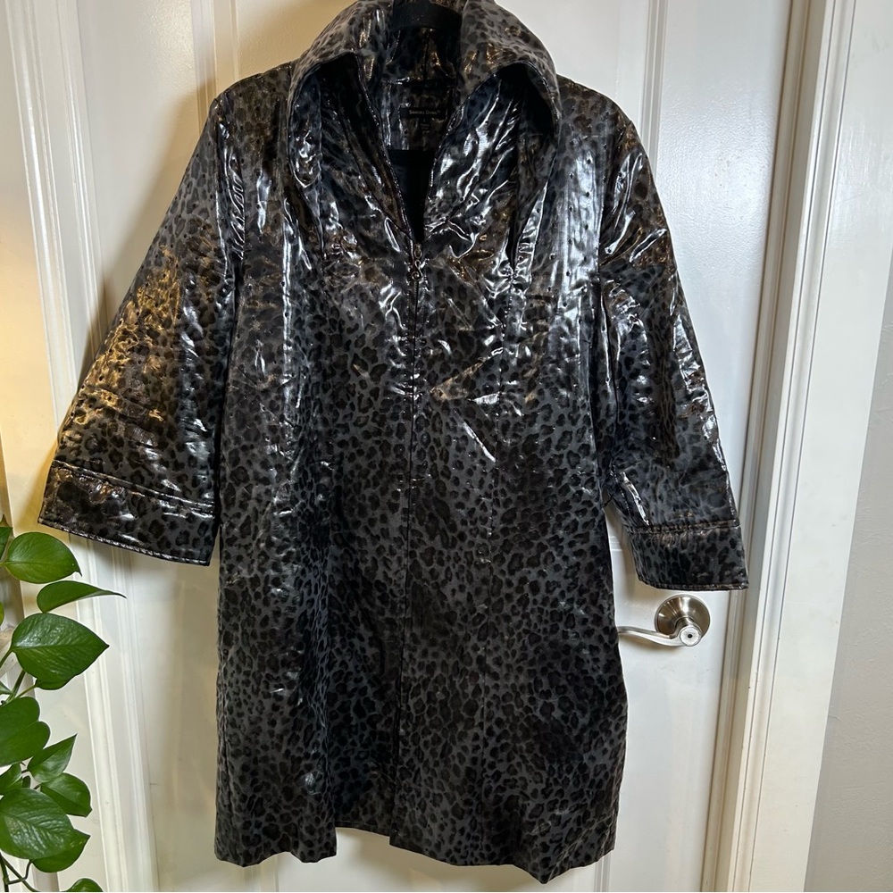 Samuel Dong Grey Black shiny leopard-print trench coat/dress Women’s Size‎ Large